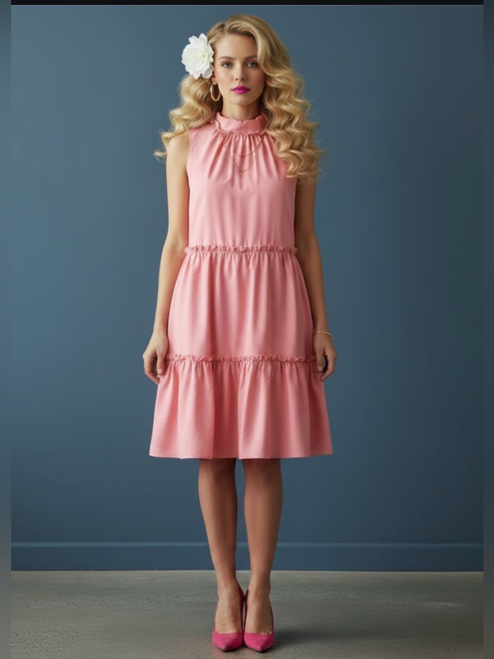 VINCE CAMUTO Pink Sun Dress. Mock Halter Sleeveless Tiers Ruffles. Linen/Cotton.